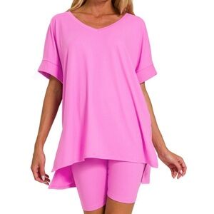 NWT ZENANA Bright Mauve Tee T Shirt Biker Short Set S M L XL
